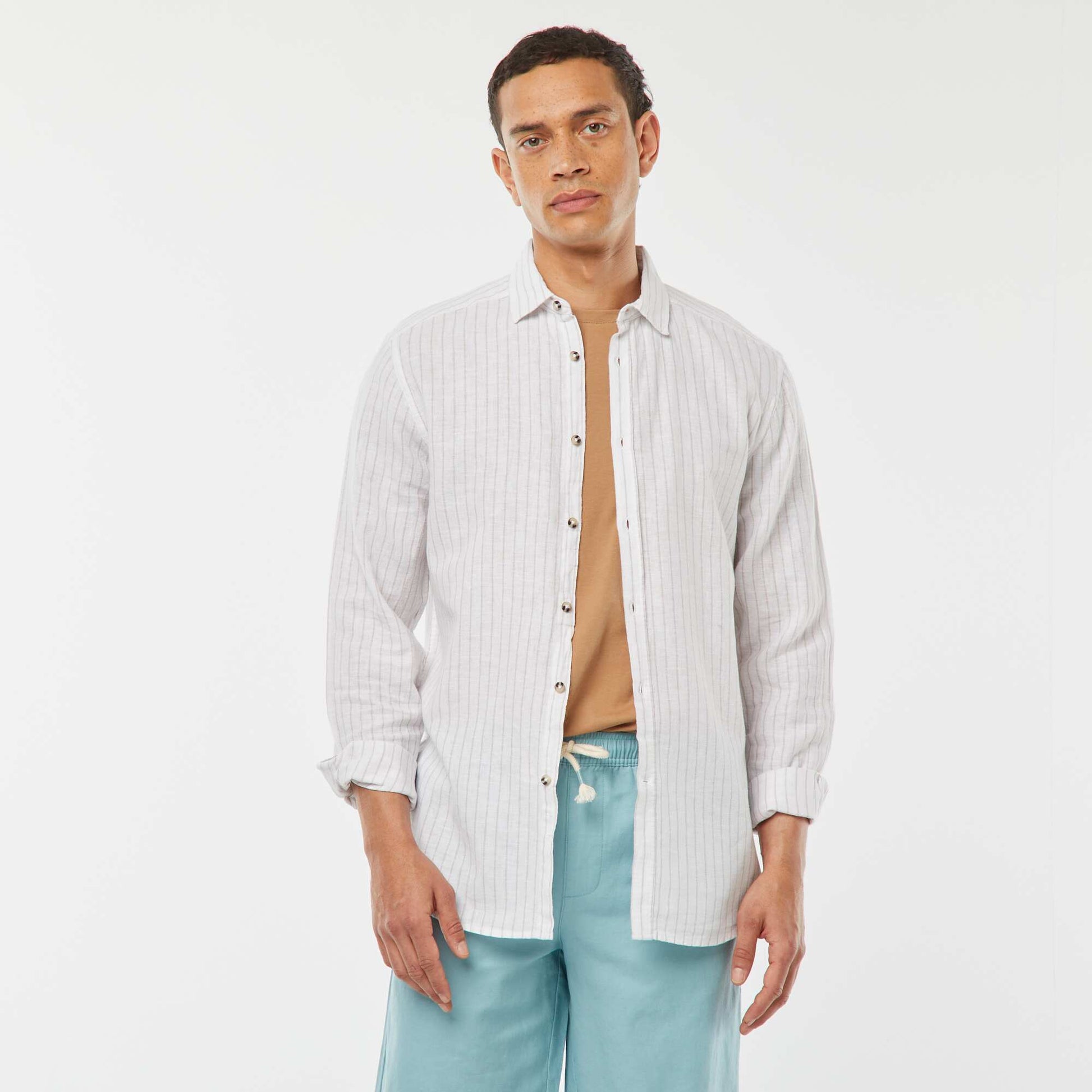 Striped linen-blend shirt BEIGE