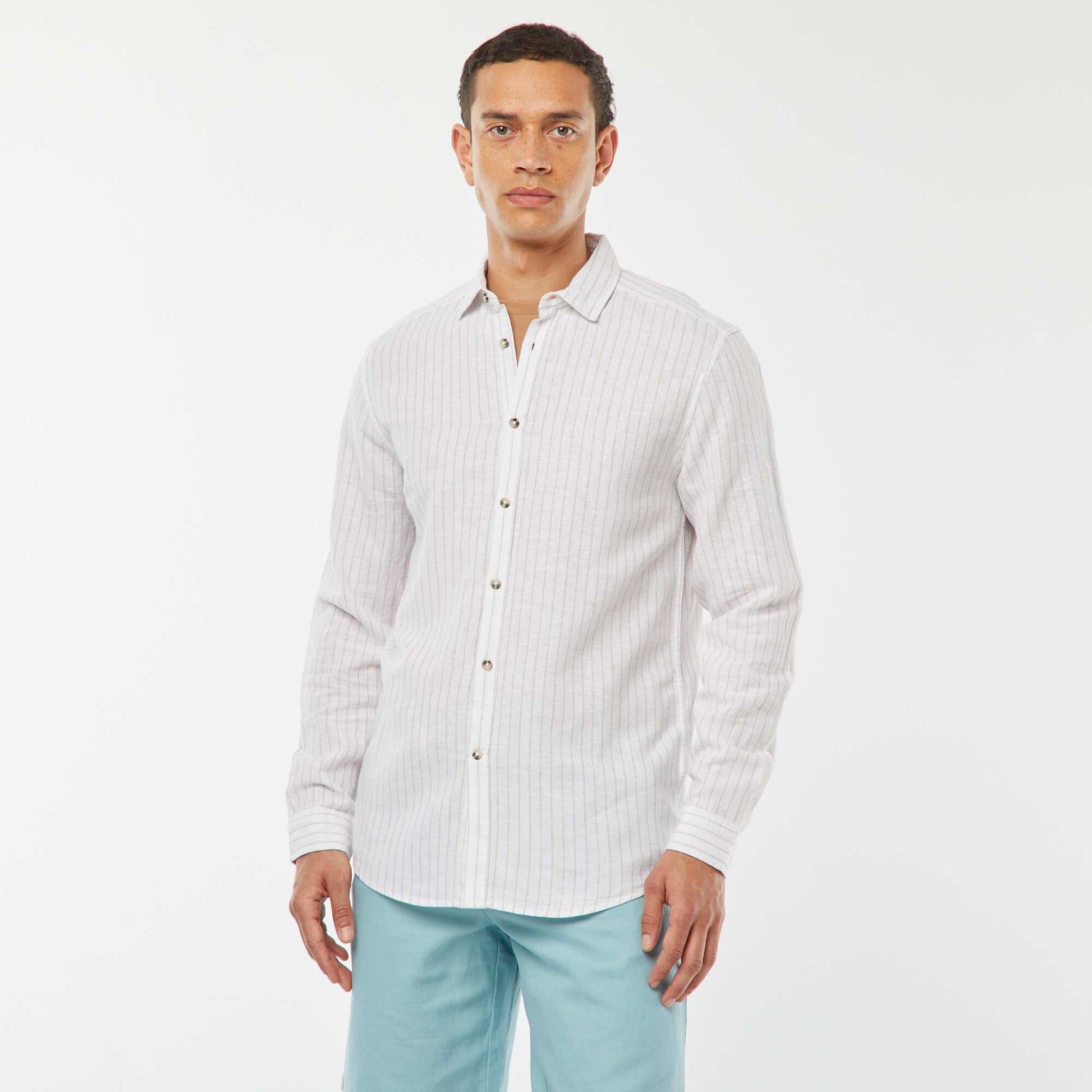 Striped linen-blend shirt BEIGE