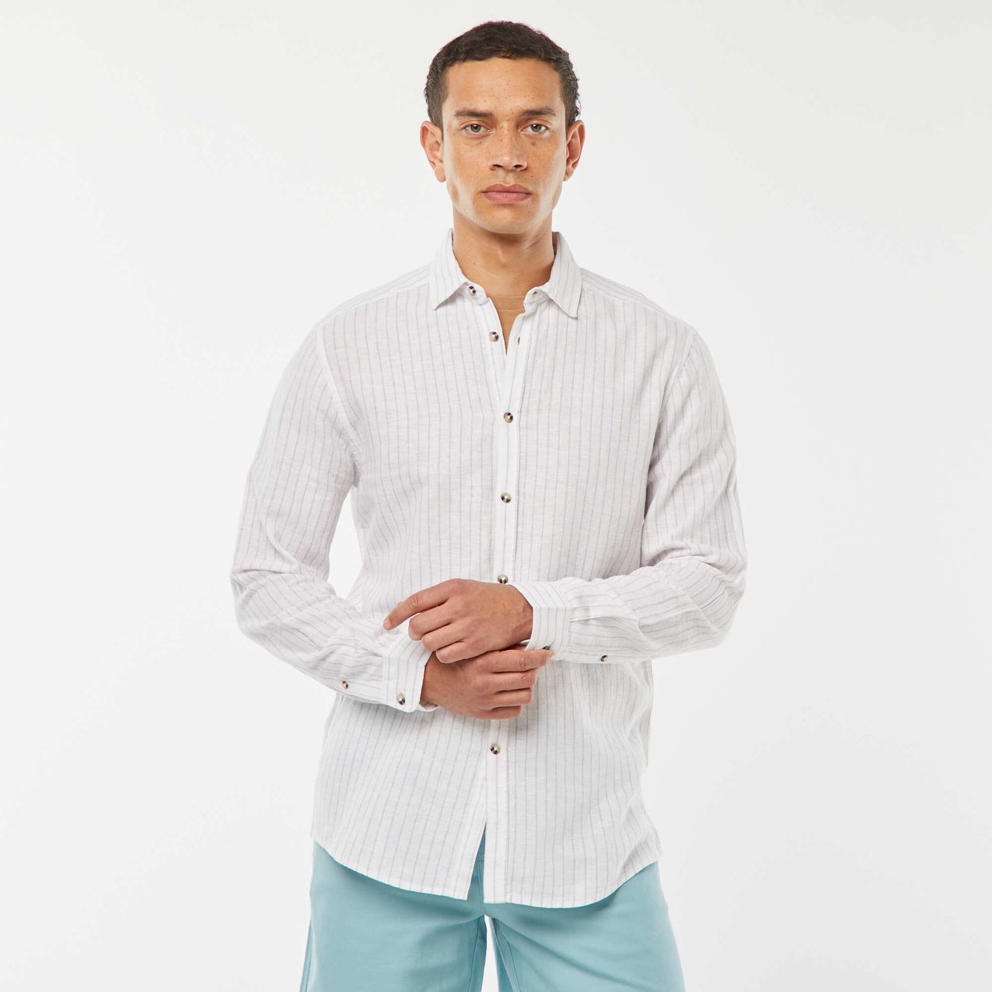 Striped linen-blend shirt BEIGE