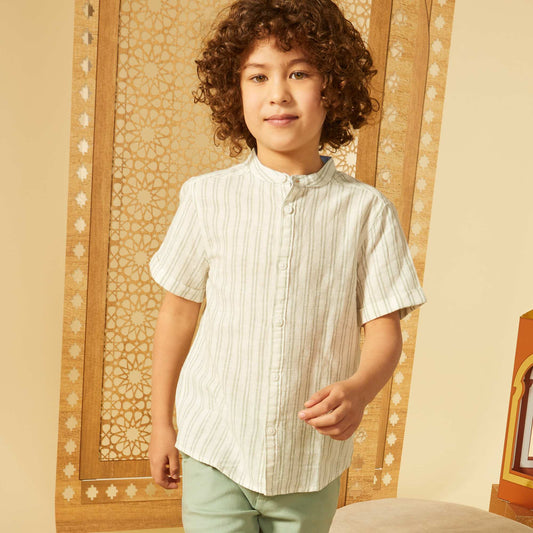 Striped short-sleeved shirt with mandarin collar WHITE