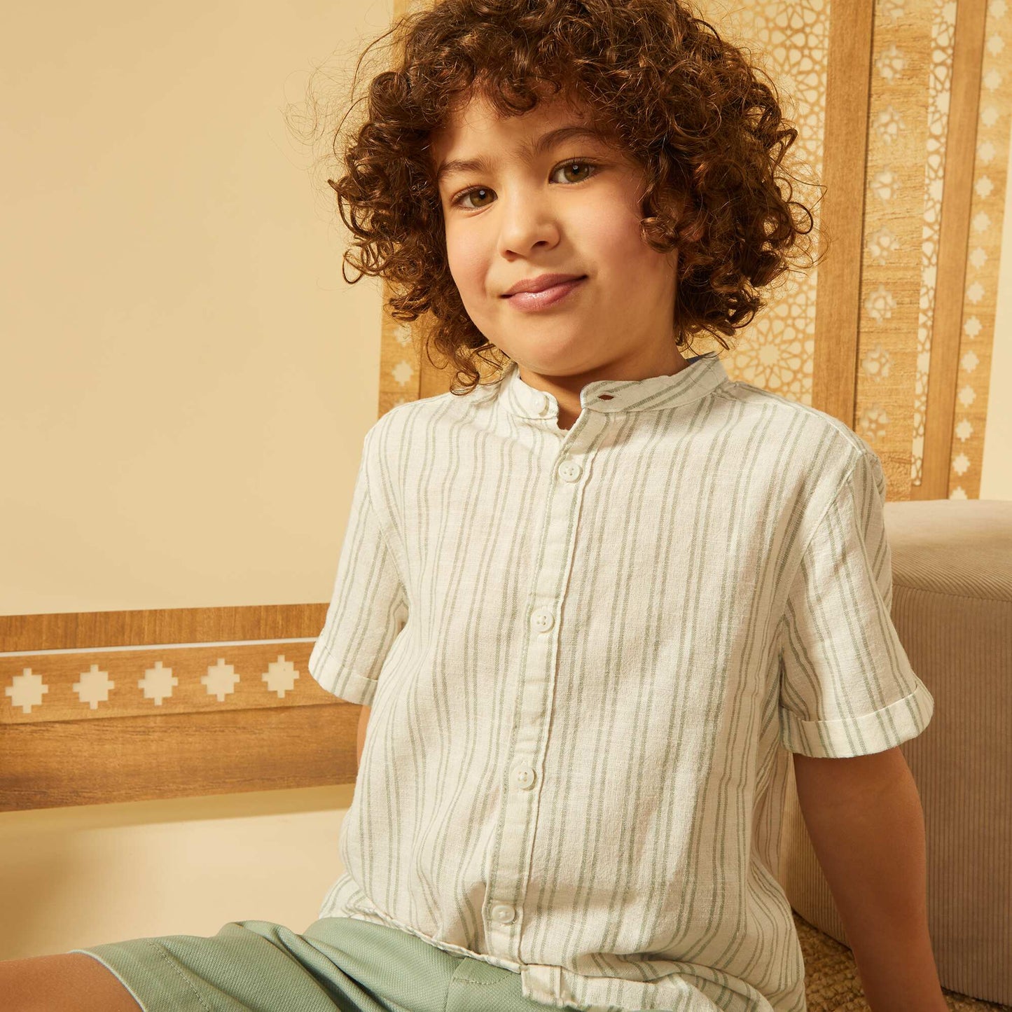 Striped short-sleeved shirt with mandarin collar WHITE