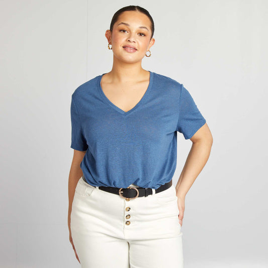 Linen blend V-neck T-shirt BLUE