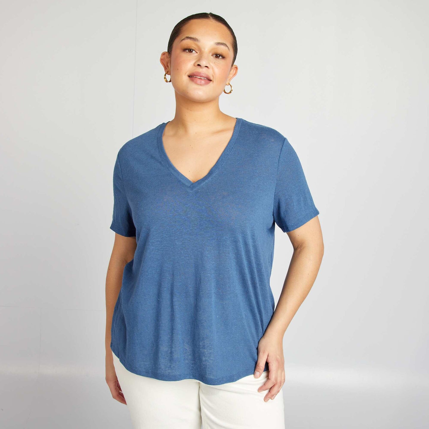 Linen blend V-neck T-shirt BLUE