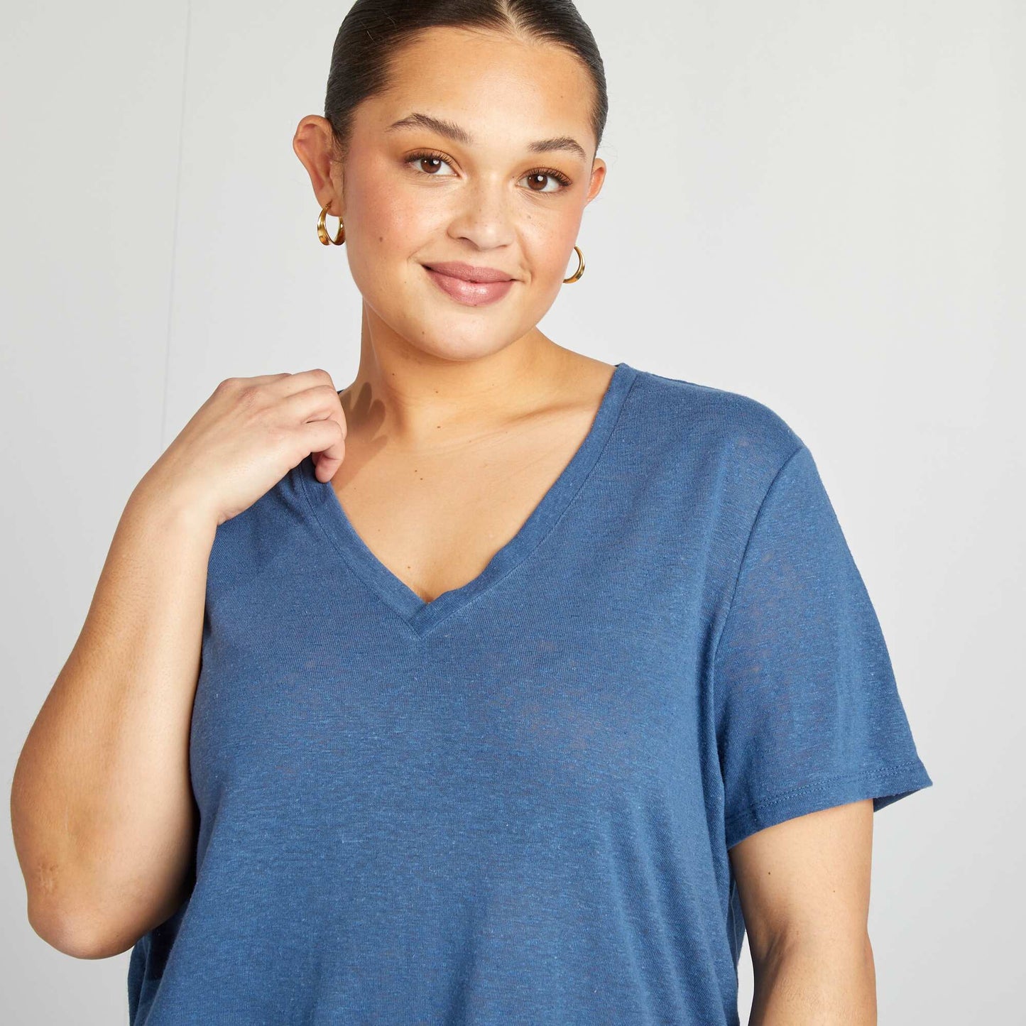 Linen blend V-neck T-shirt BLUE