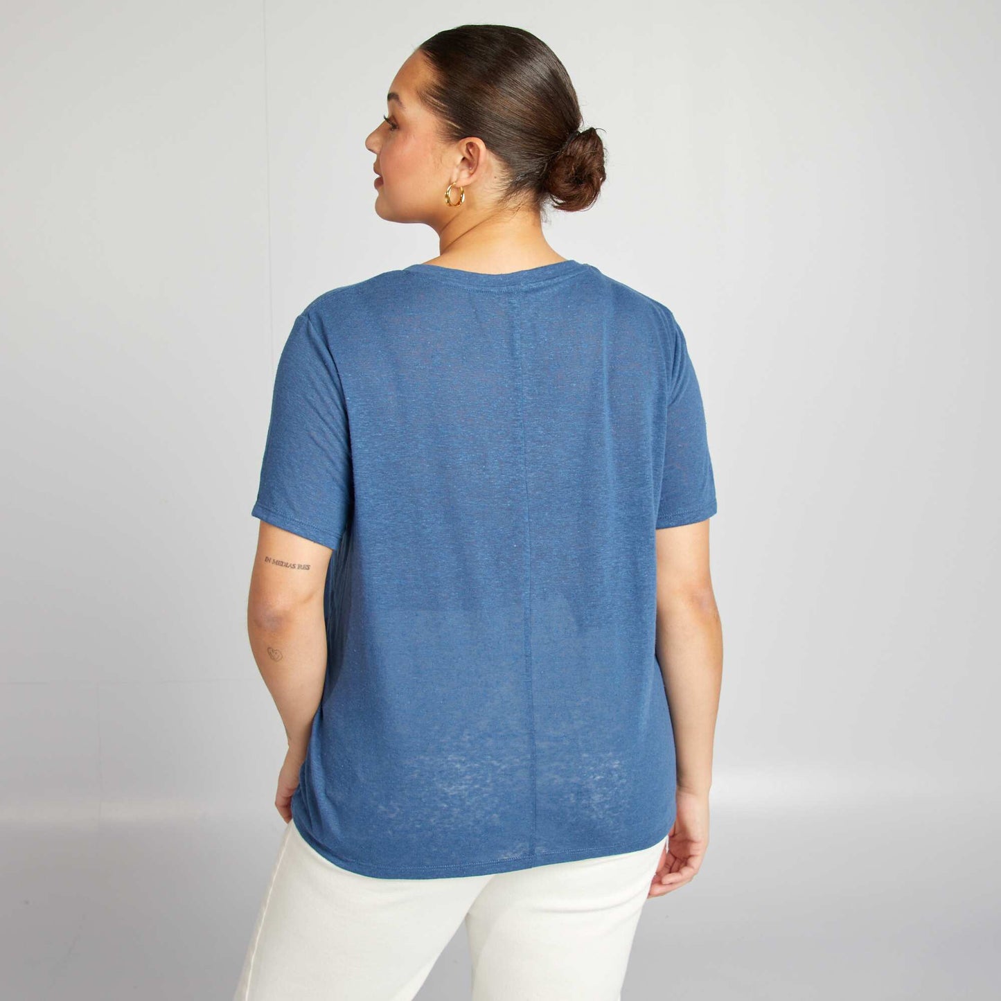 Linen blend V-neck T-shirt BLUE