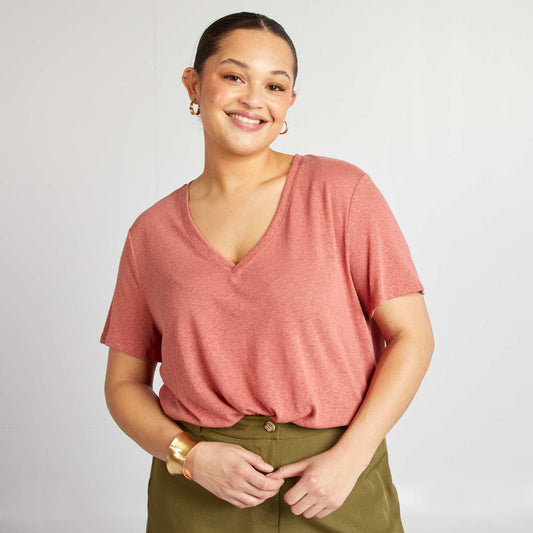 Linen blend V-neck T-shirt PINK