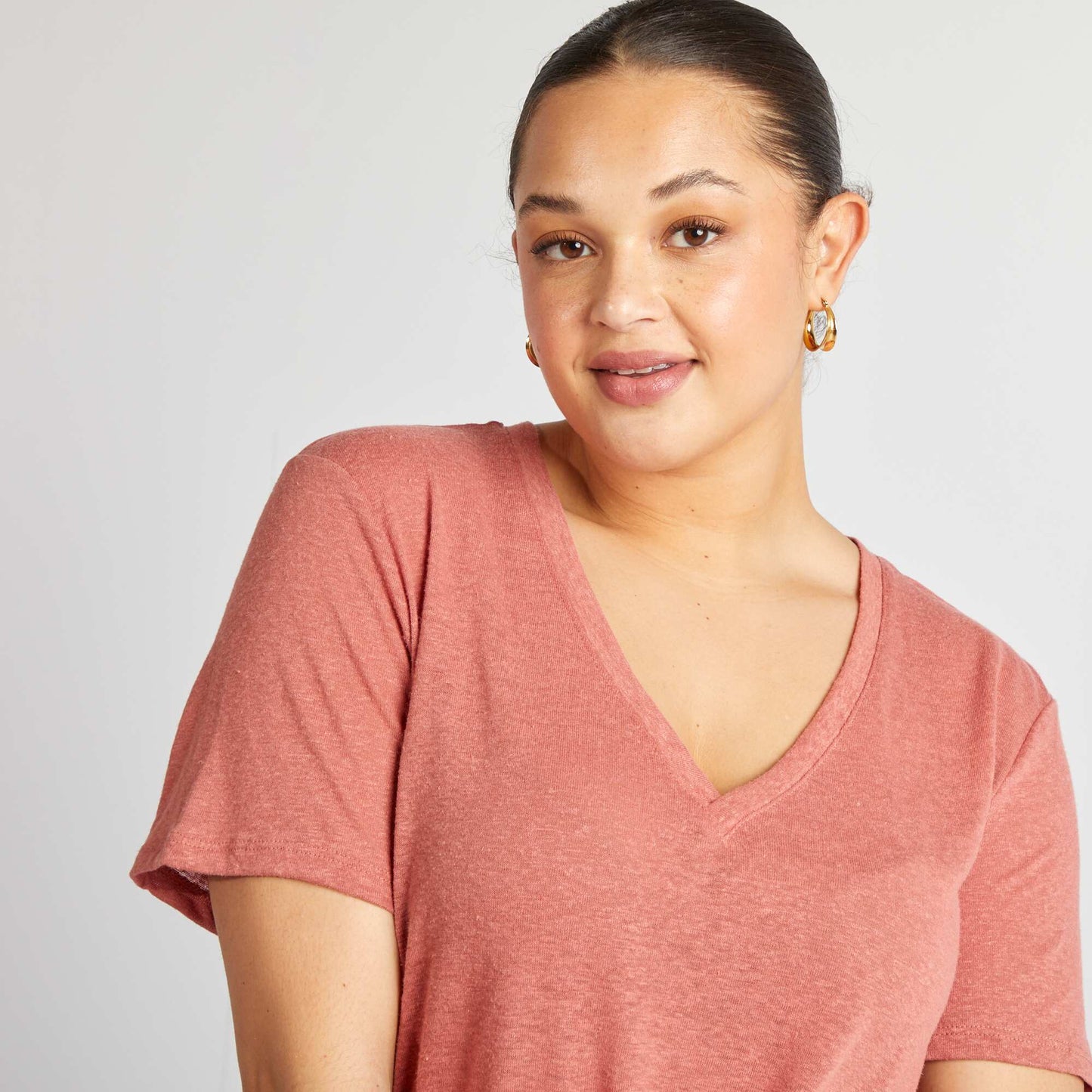 Linen blend V-neck T-shirt PINK