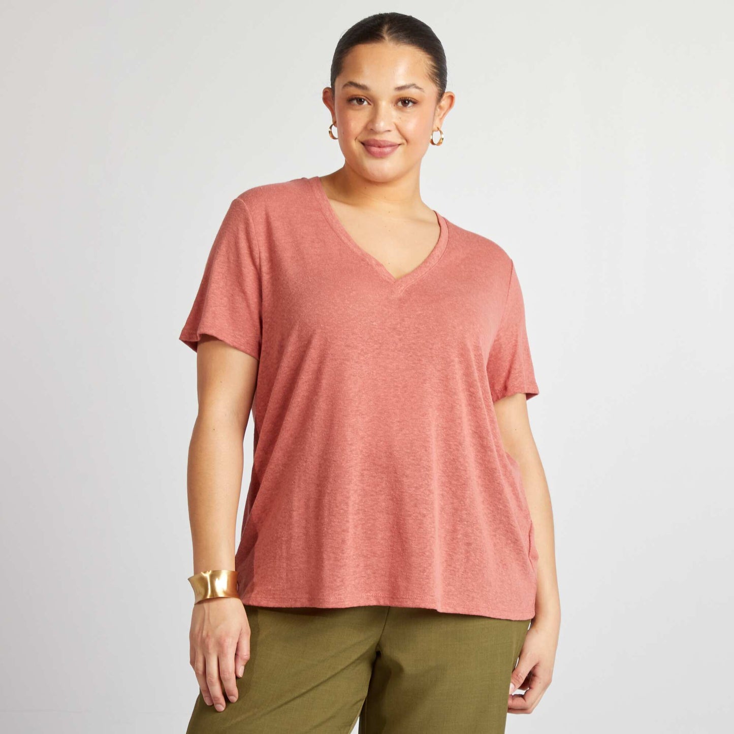 Linen blend V-neck T-shirt PINK