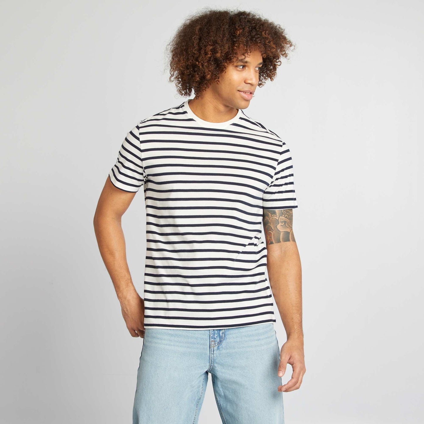 Short-sleeved striped T-shirt with round neck WHITE