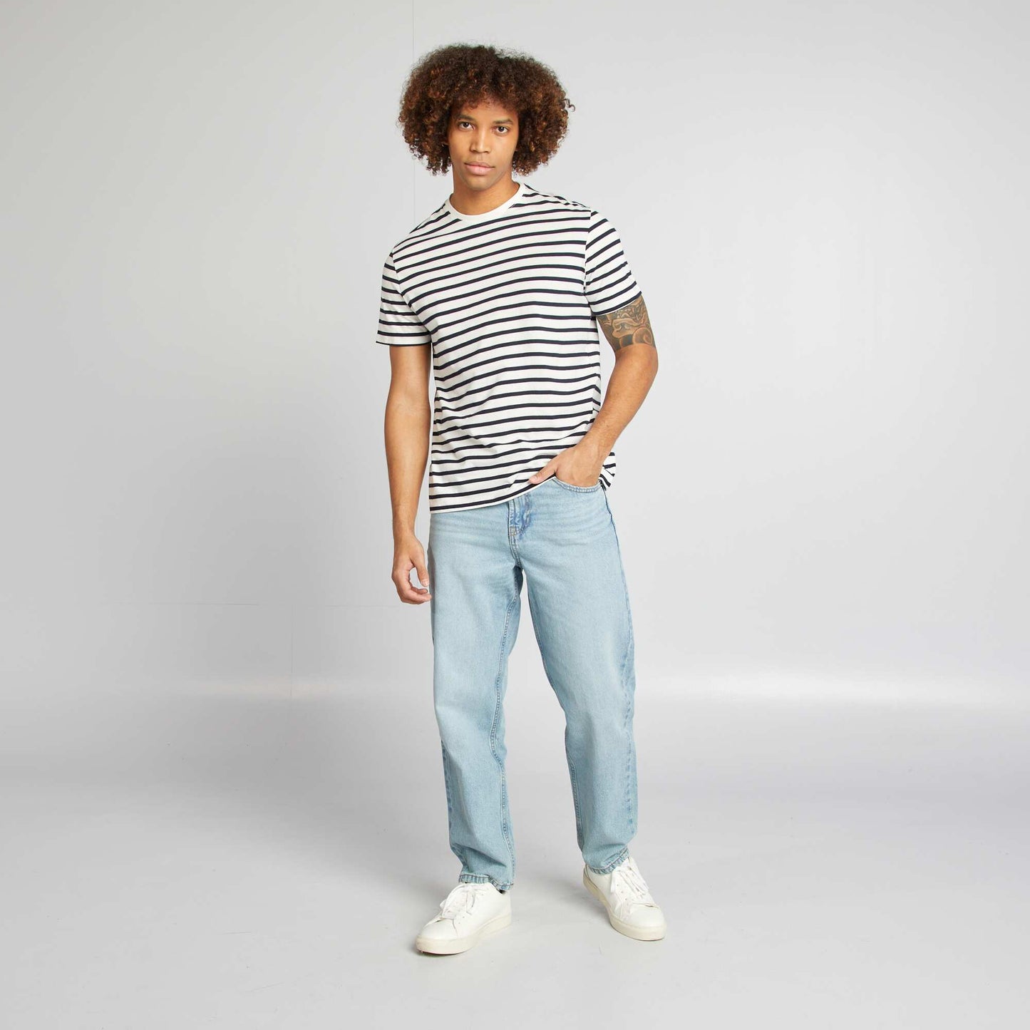 Short-sleeved striped T-shirt with round neck WHITE