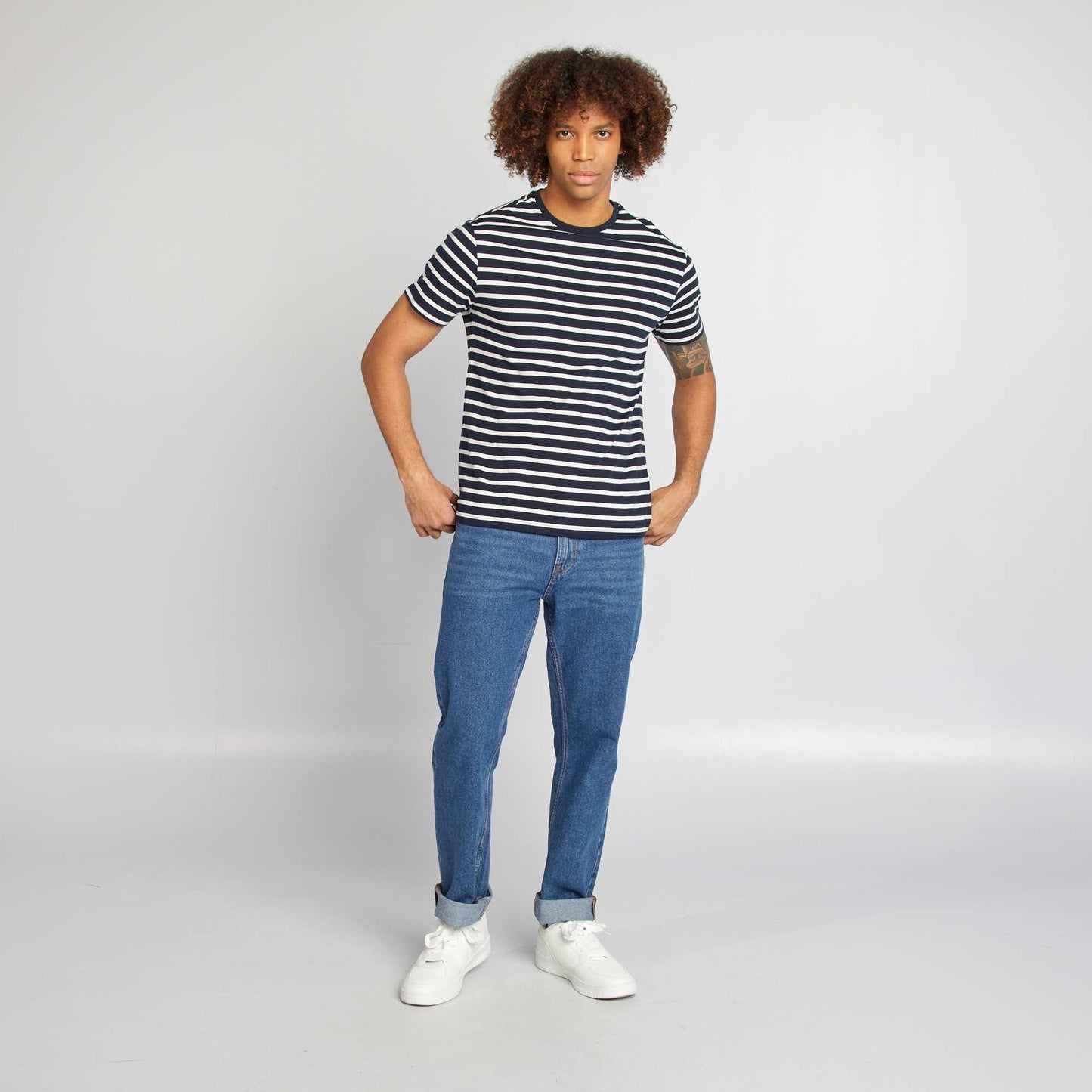 Short-sleeved striped T-shirt with round neck BLUE