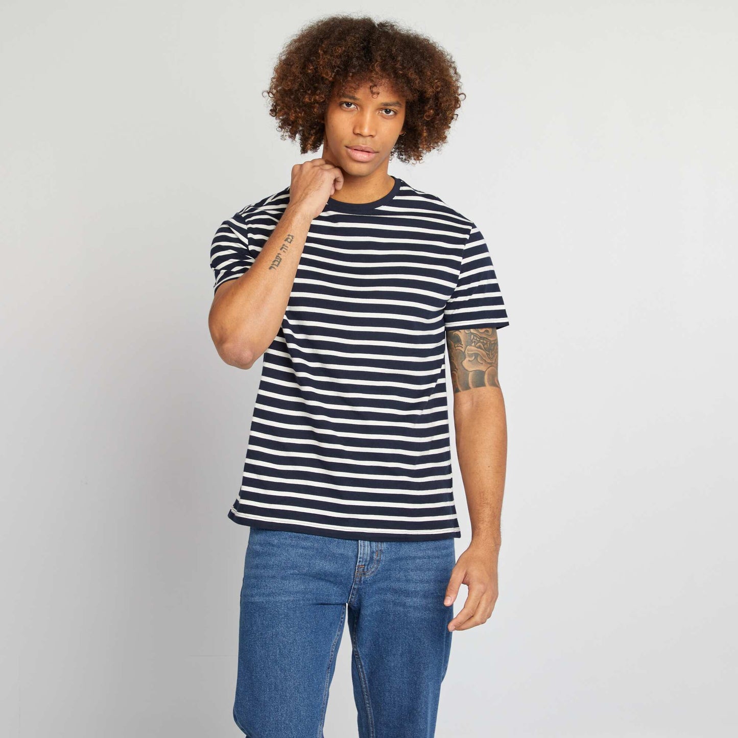 Short-sleeved striped T-shirt with round neck BLUE