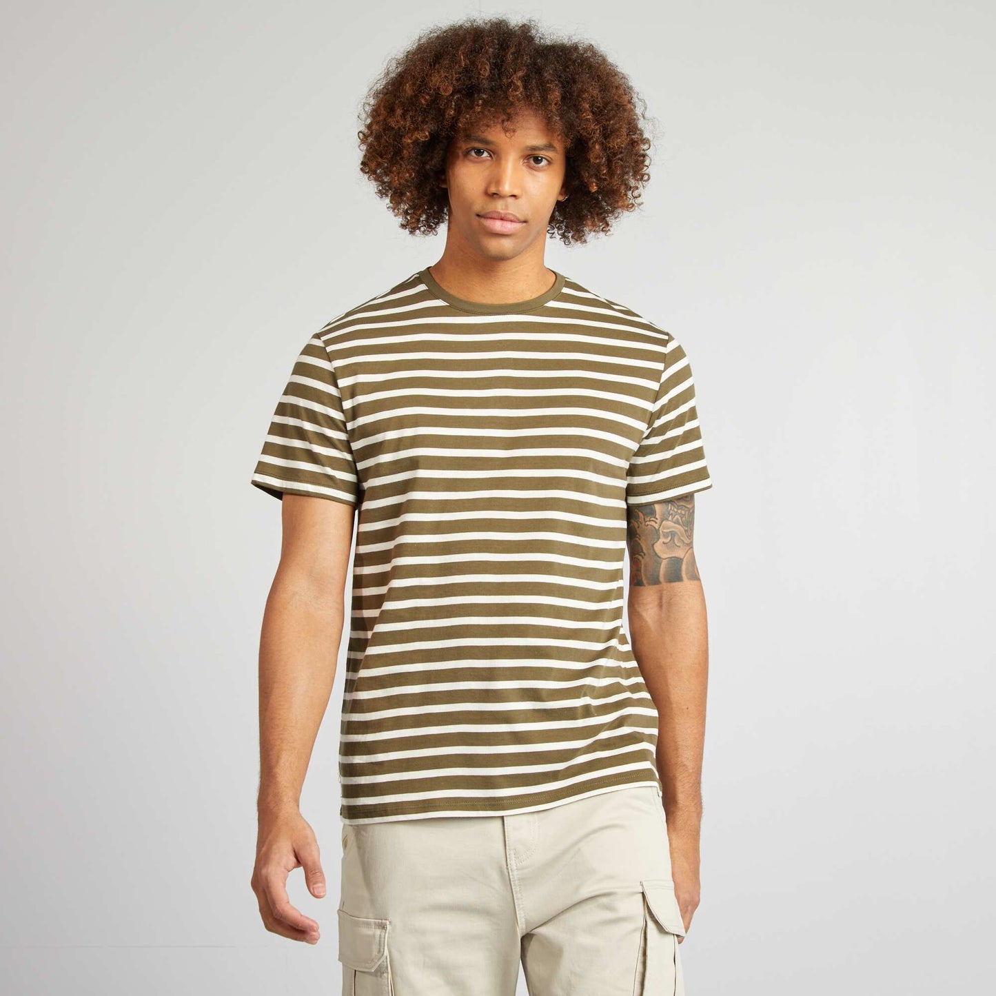 Short-sleeved striped T-shirt with round neck KHAKI