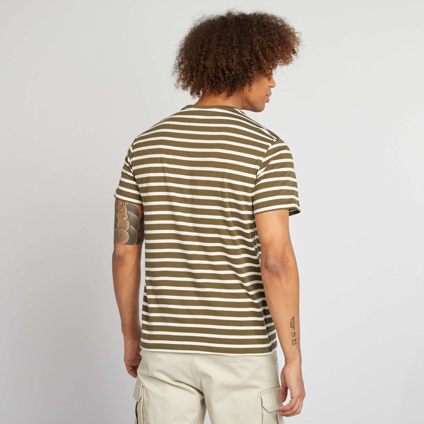 Short-sleeved striped T-shirt with round neck KHAKI