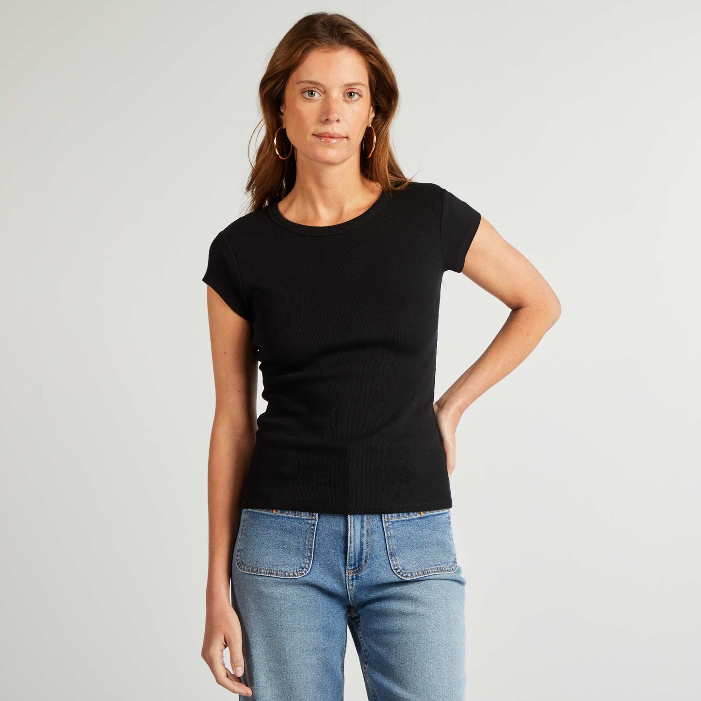 Short-sleeved ribbed knit T-shirt BLACK