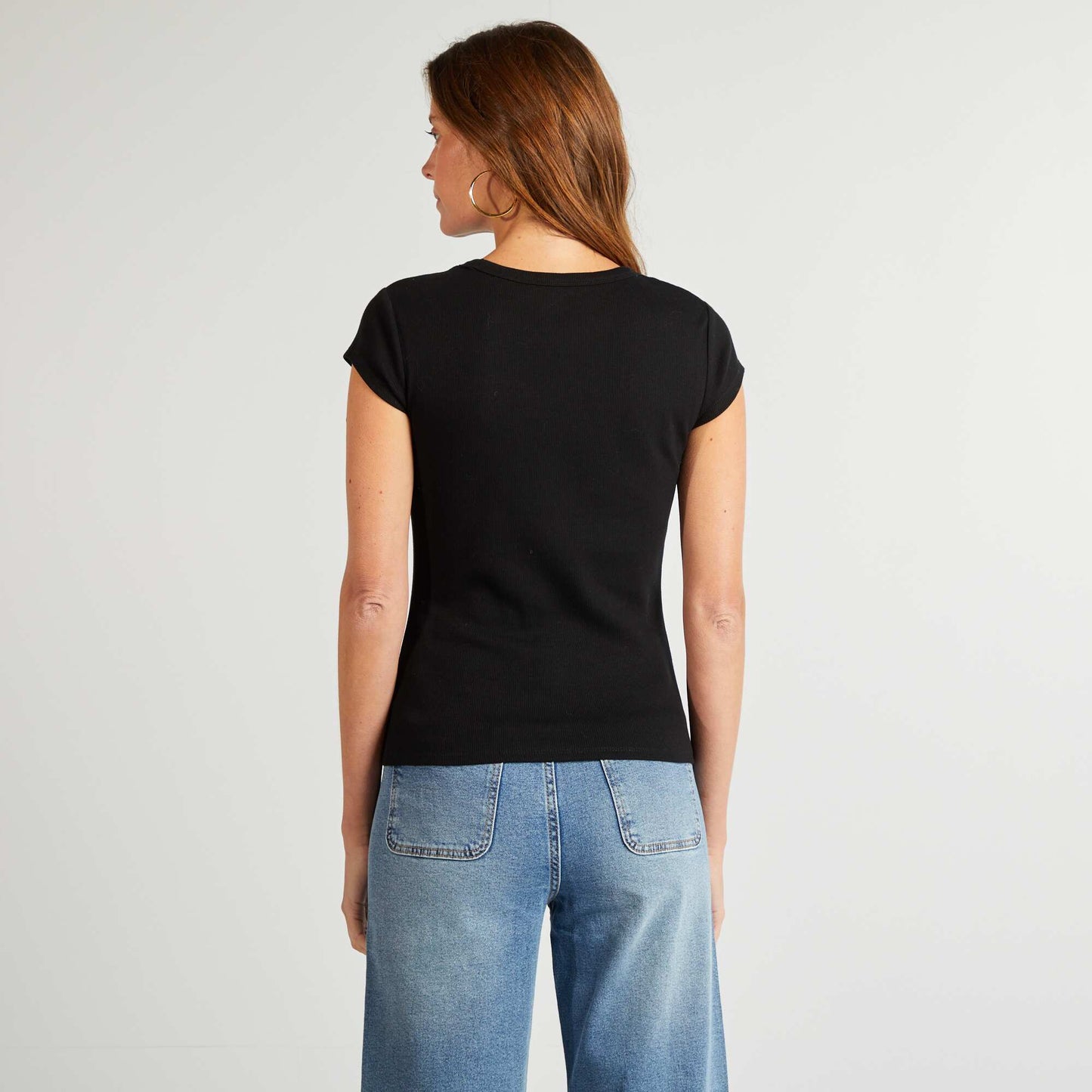 Short-sleeved ribbed knit T-shirt BLACK