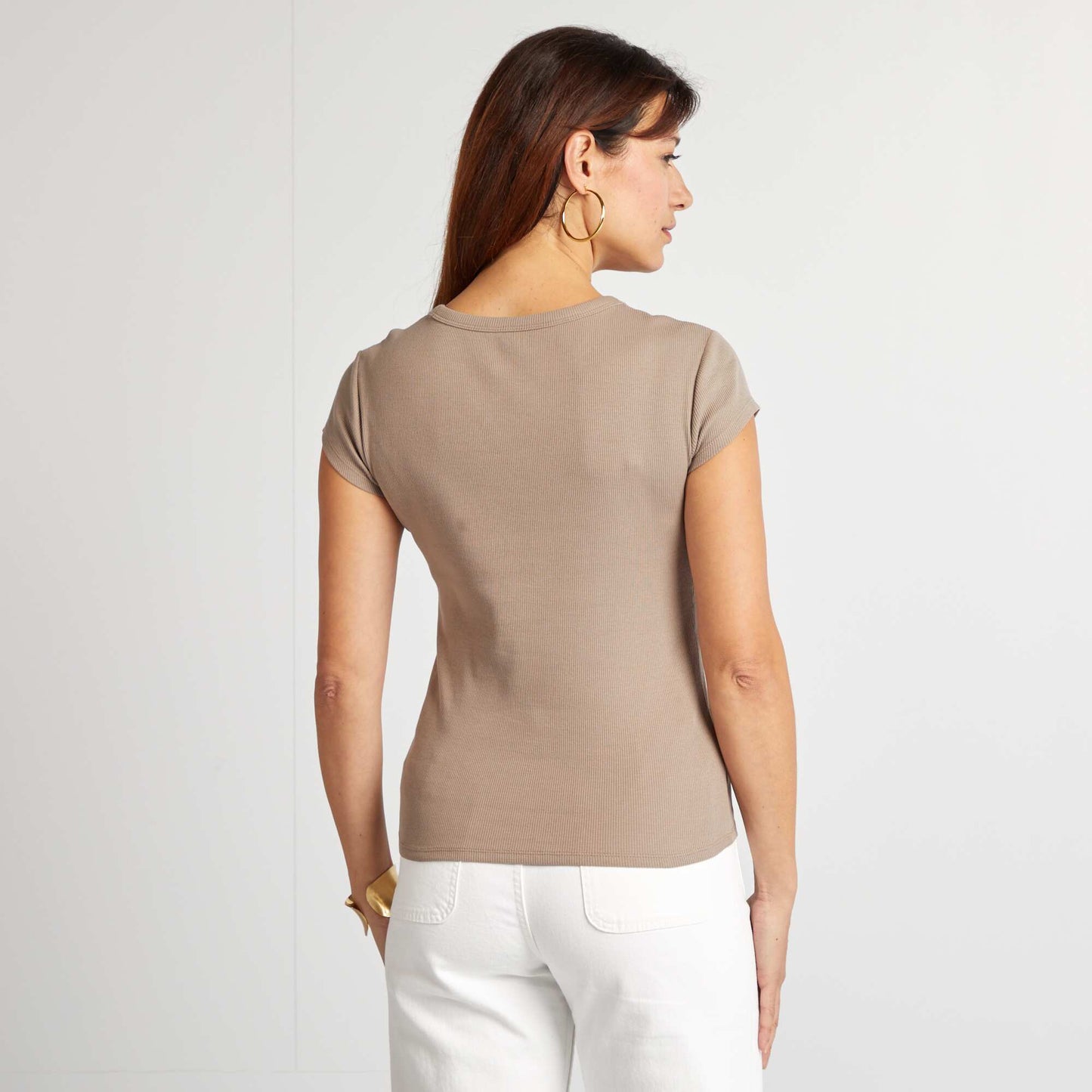 Short-sleeved ribbed knit T-shirt BEIGE