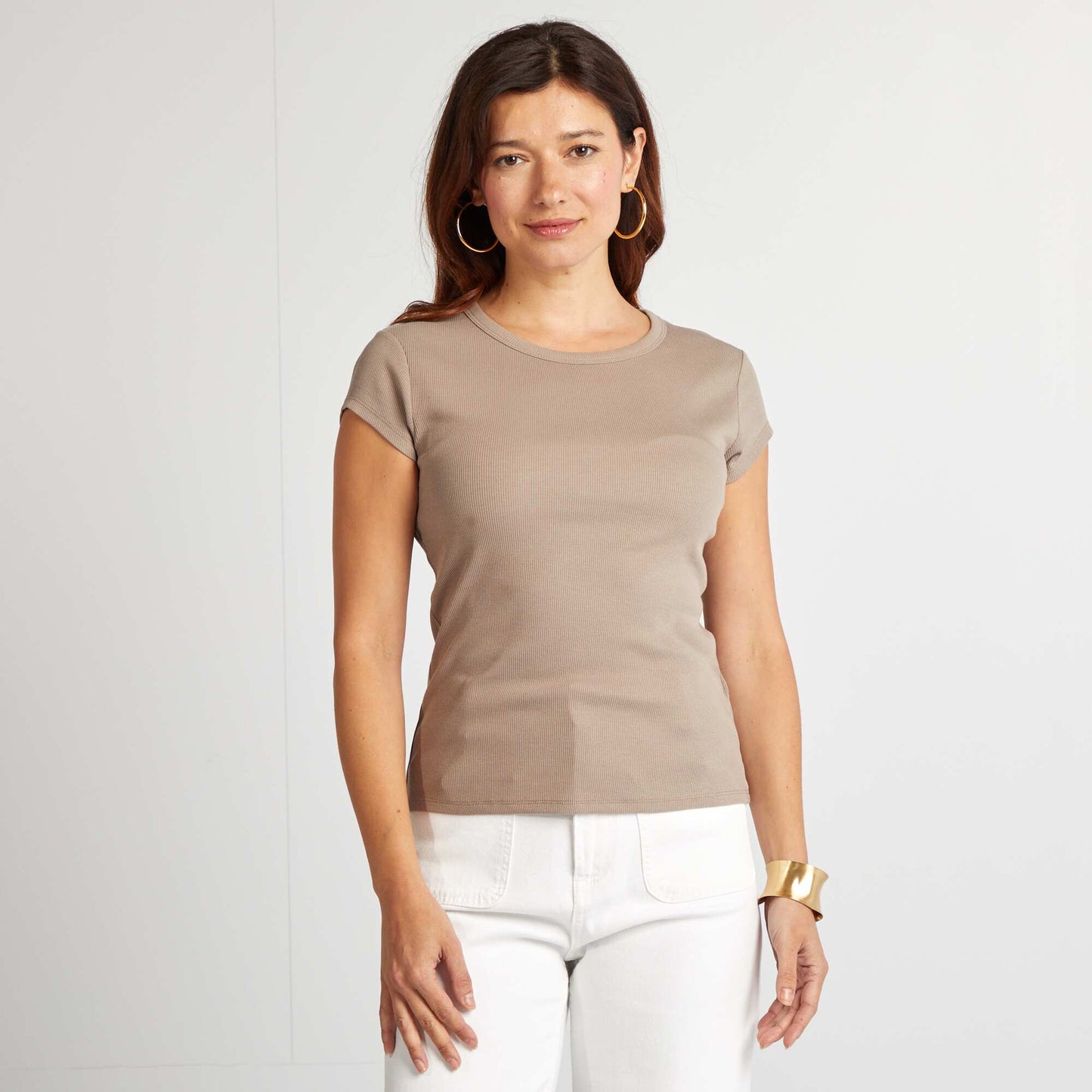 Short-sleeved ribbed knit T-shirt BEIGE