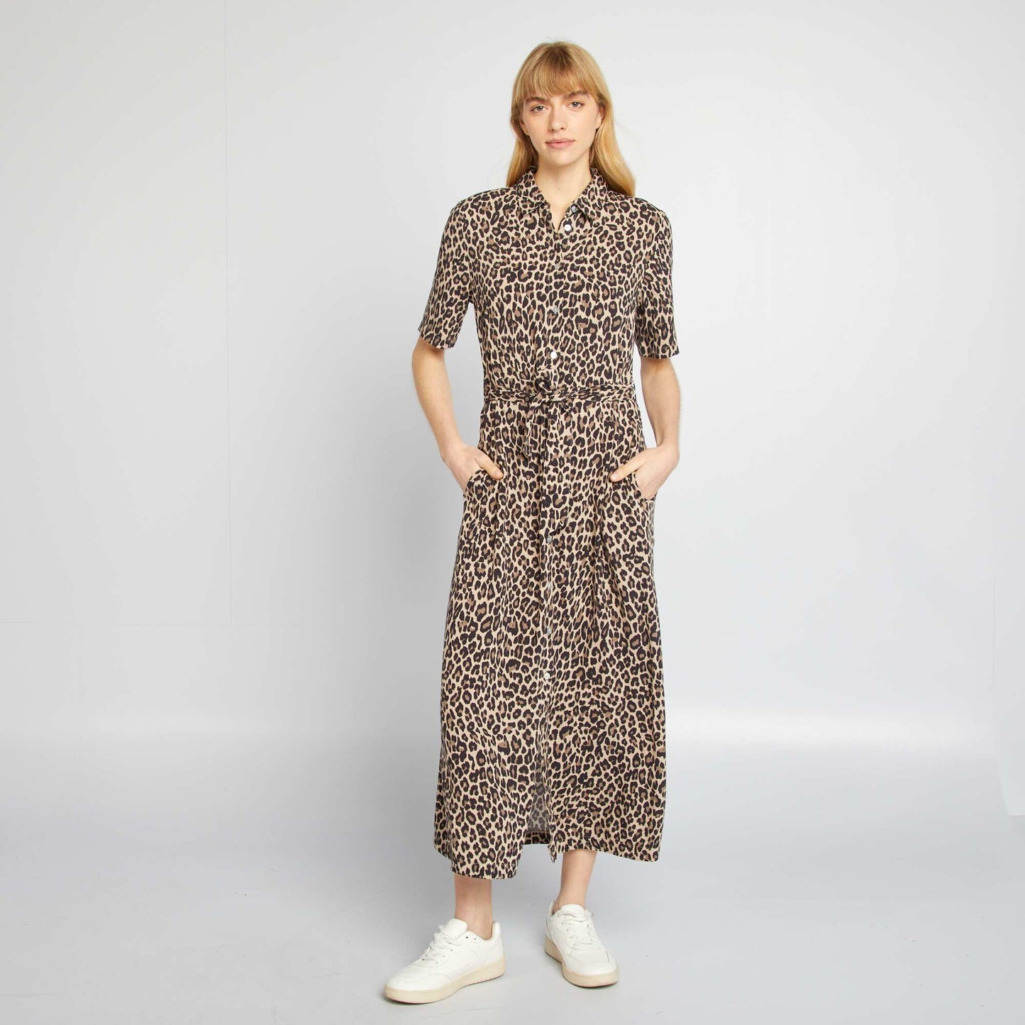 Long patterned shirt dress BEIGE