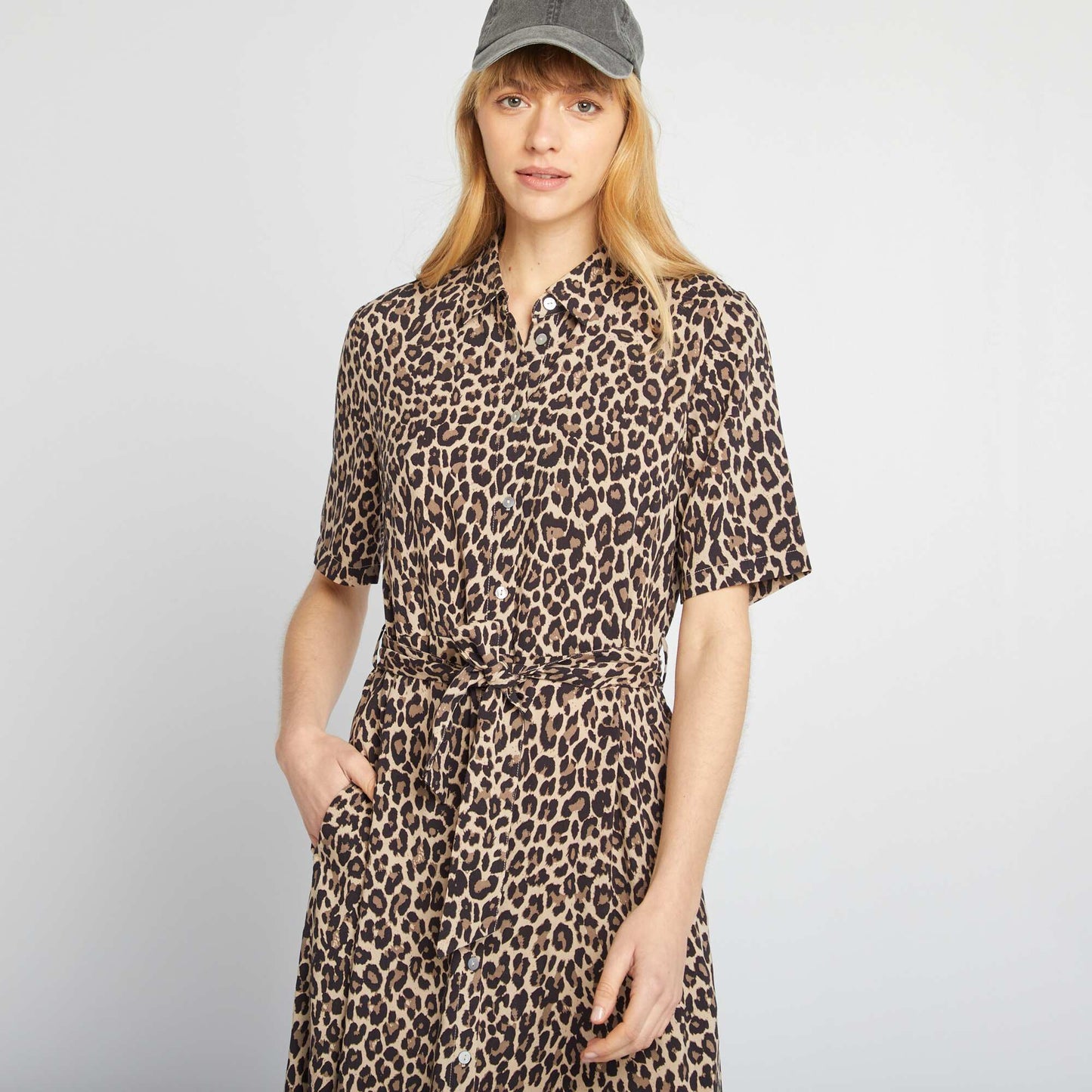 Long patterned shirt dress BEIGE