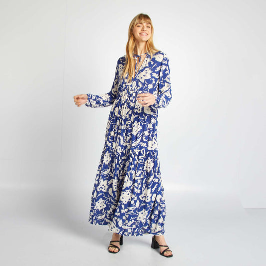 Long patterned dress with grandad collar BLUE