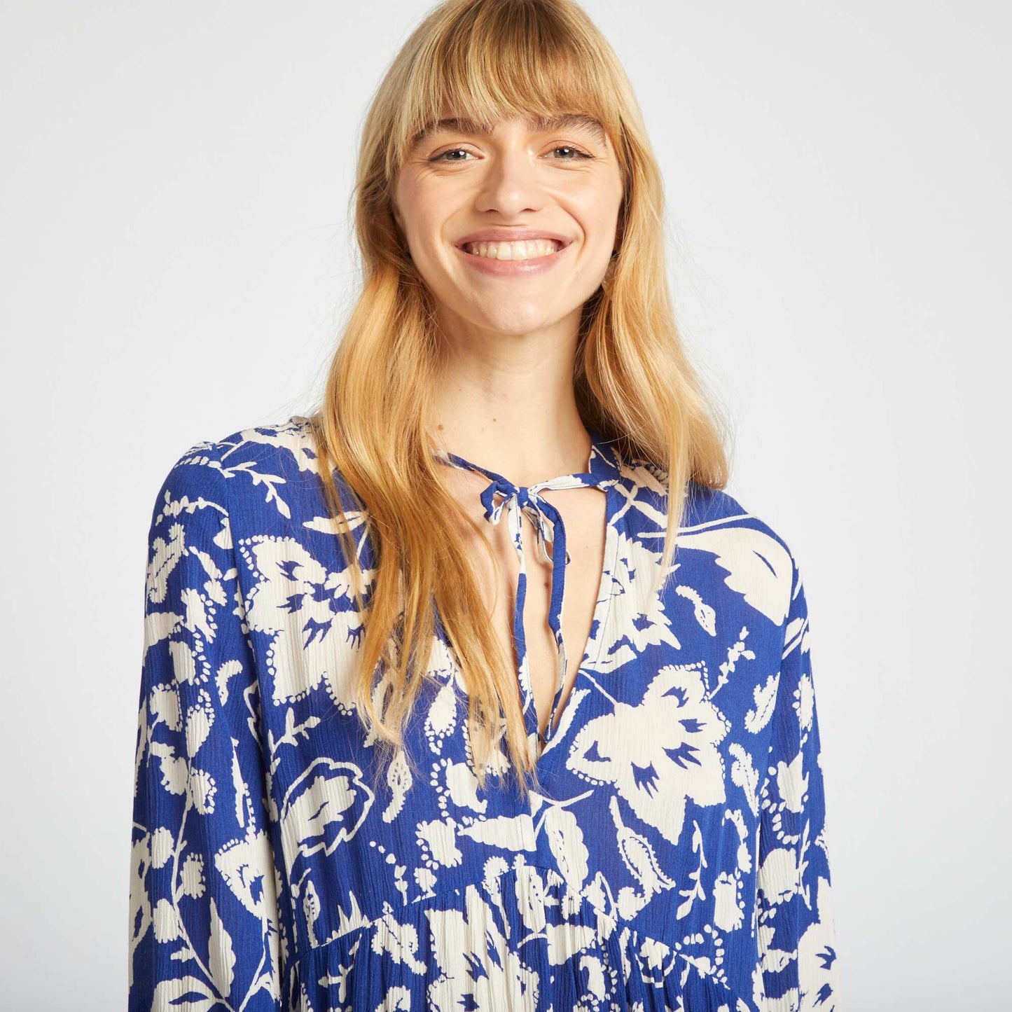 Long patterned dress with grandad collar BLUE