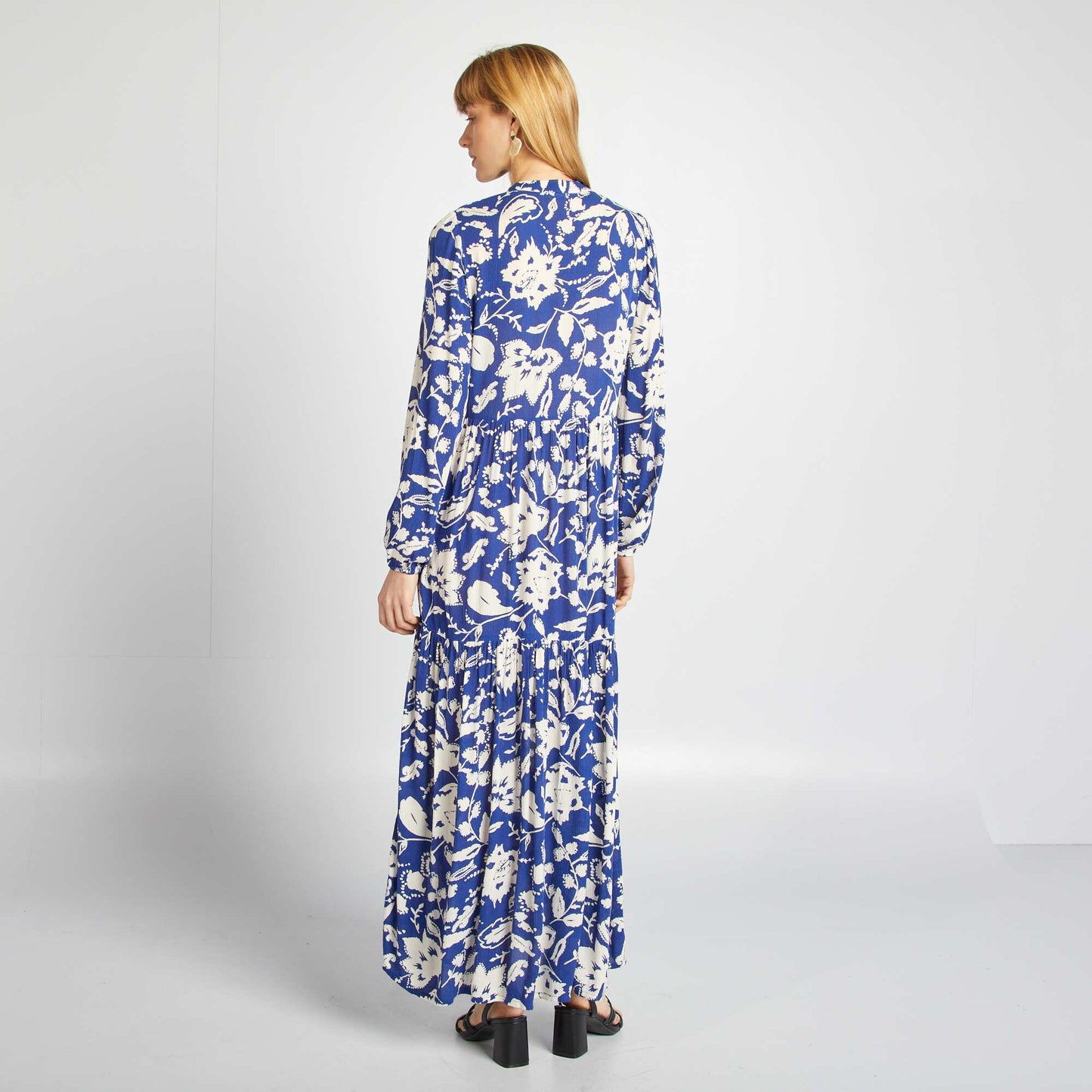 Long patterned dress with grandad collar BLUE