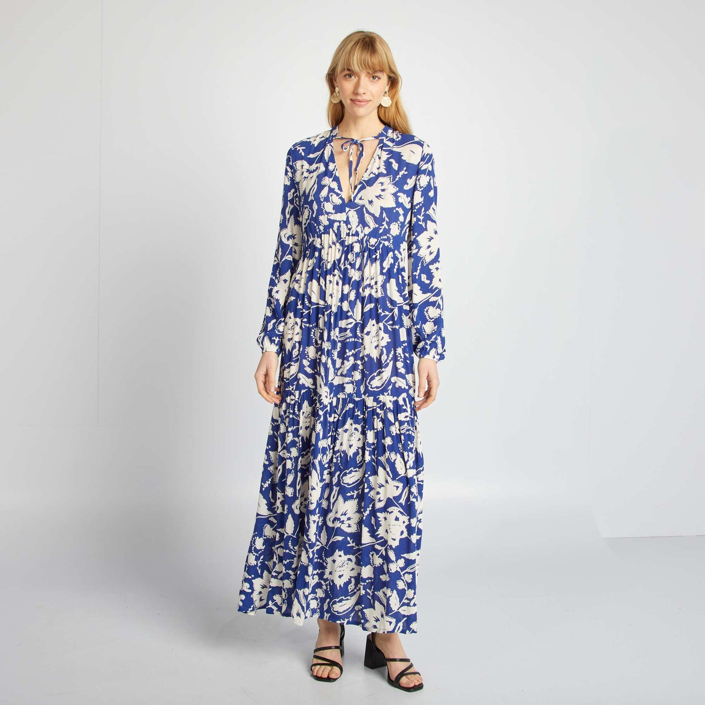 Long patterned dress with grandad collar BLUE