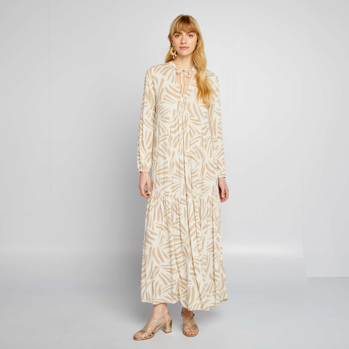 Long patterned dress with grandad collar BEIGE