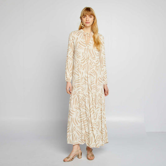 Long patterned dress with grandad collar BEIGE