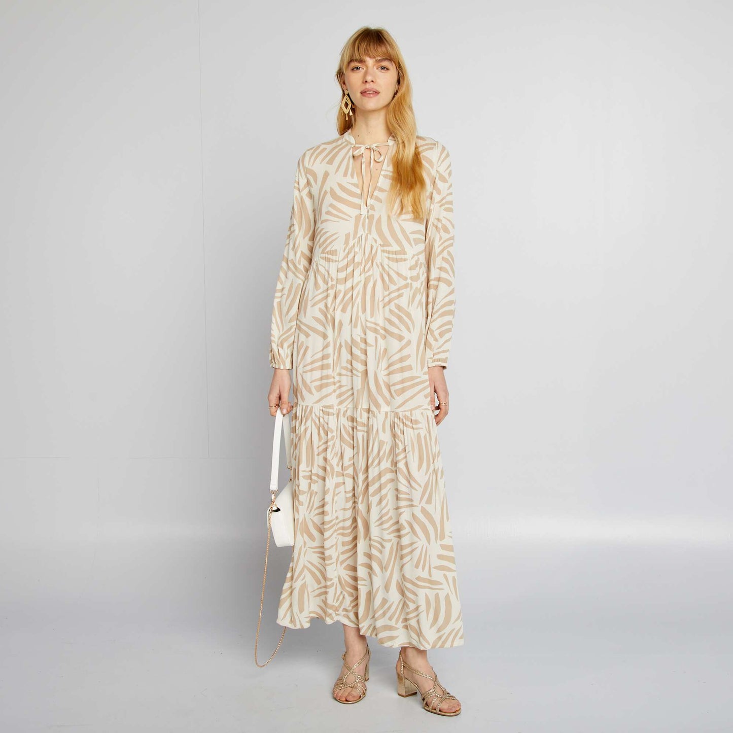 Long patterned dress with grandad collar BEIGE