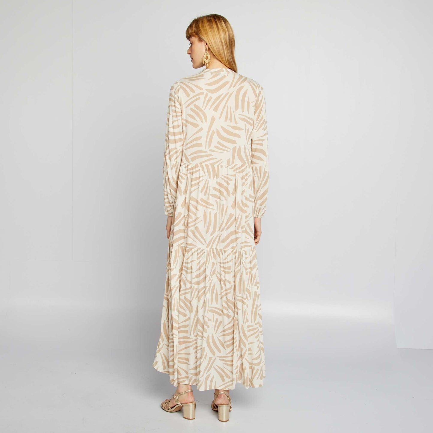 Long patterned dress with grandad collar BEIGE