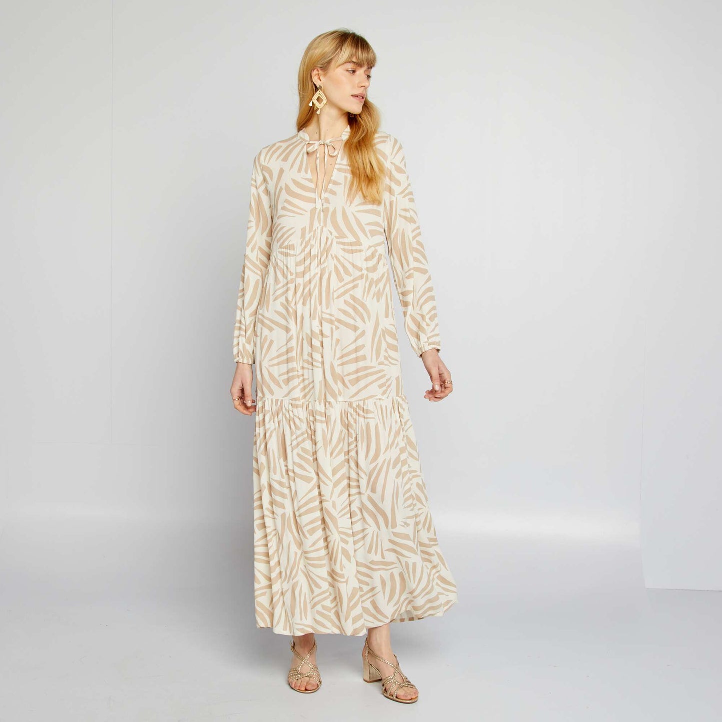 Long patterned dress with grandad collar BEIGE