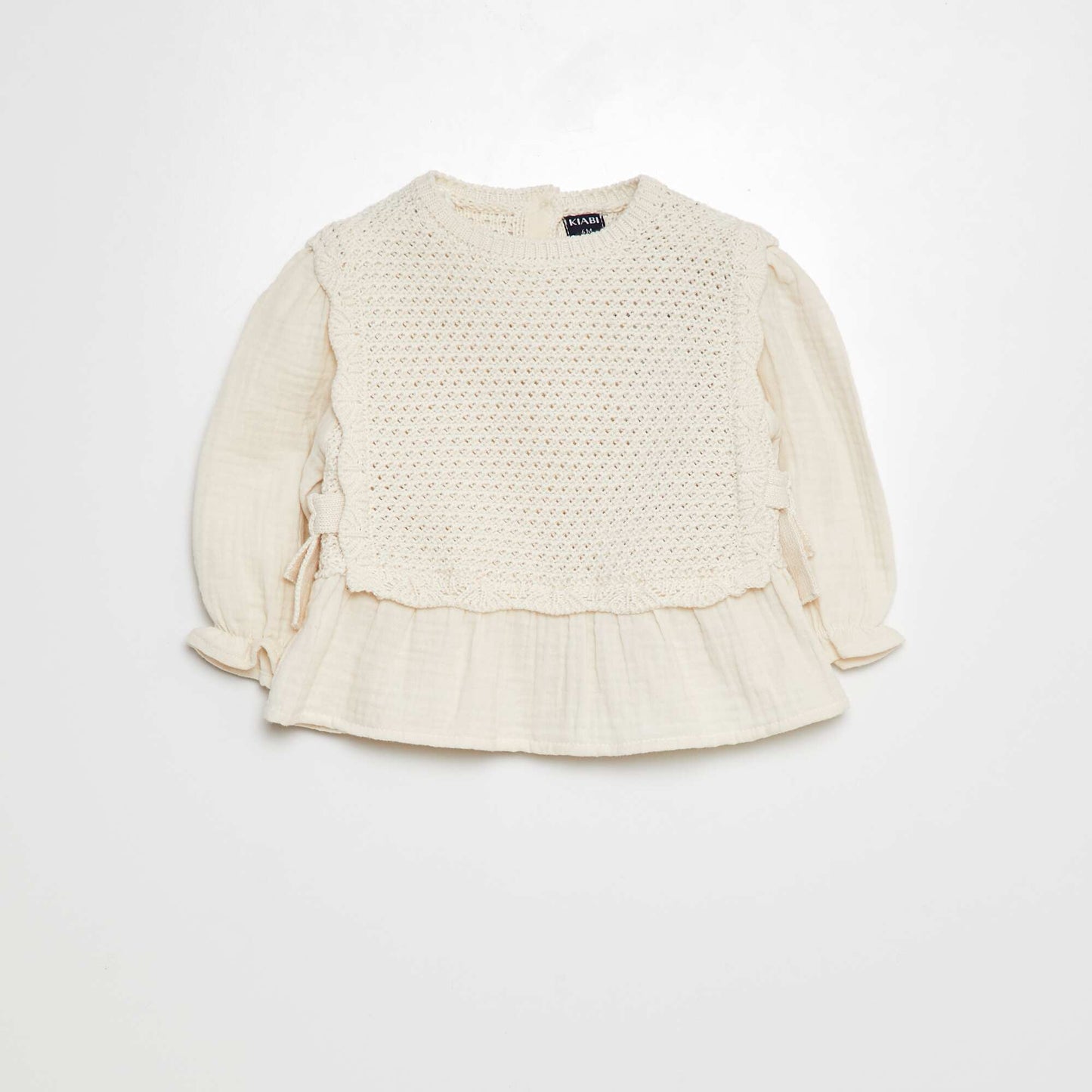 Ruffled openwork knit sweater WHITE