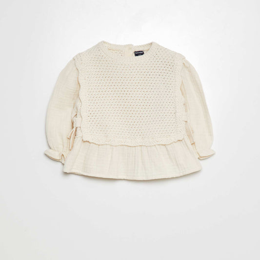 Ruffled openwork knit sweater WHITE