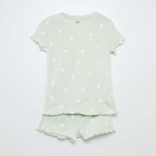 Printed T-shirt + shorts pyjama set with scalloped hems - 2-piece set GREEN