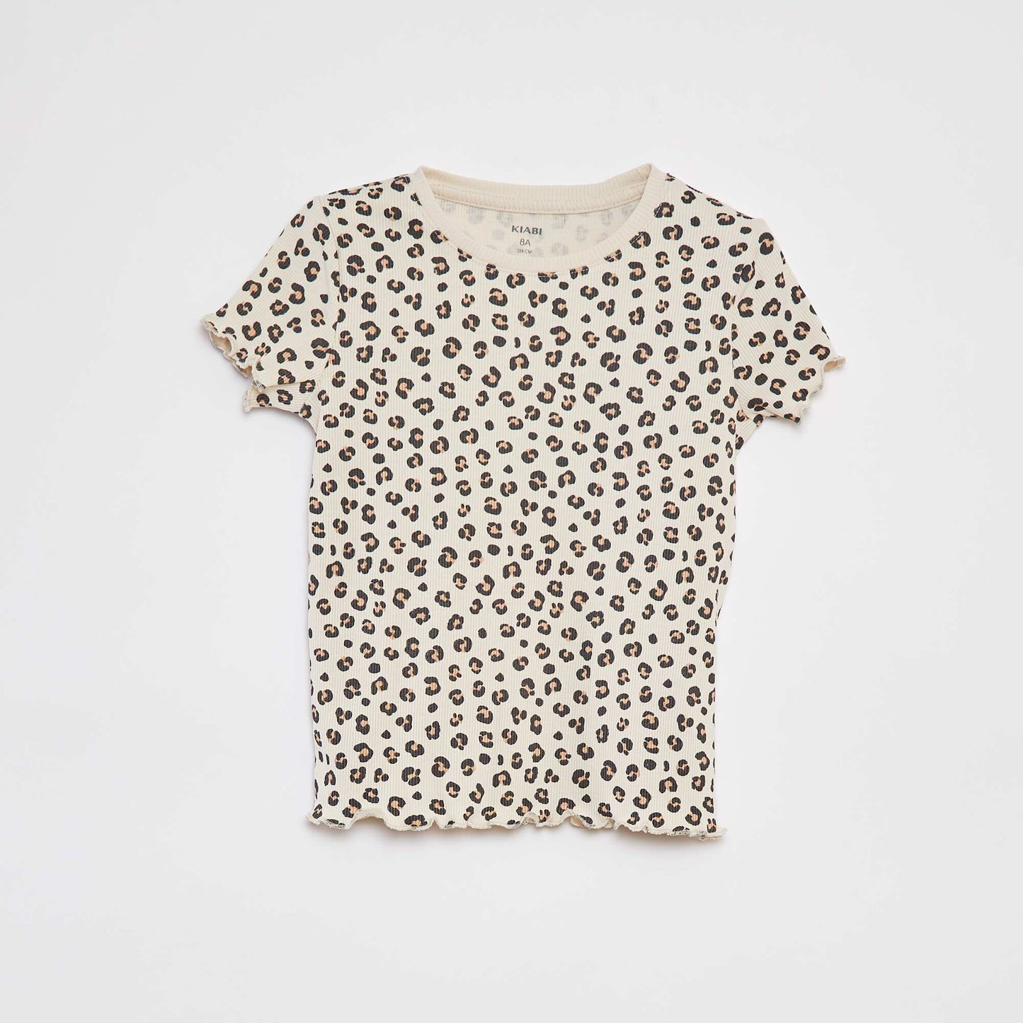 Patterned ribbed T-shirt with scalloped trim BEIGE