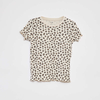 Patterned ribbed T-shirt with scalloped trim BEIGE