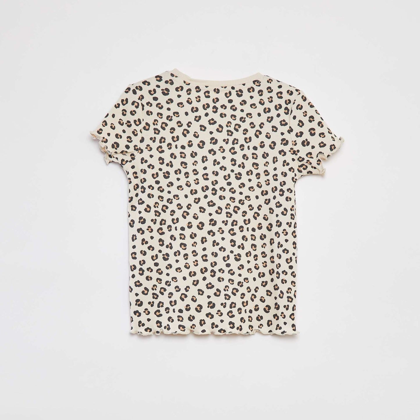 Patterned ribbed T-shirt with scalloped trim BEIGE