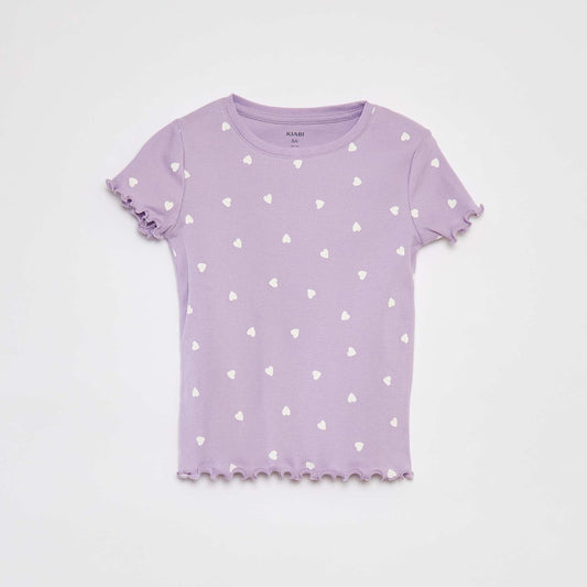 Patterned ribbed T-shirt with scalloped trim PURPLE