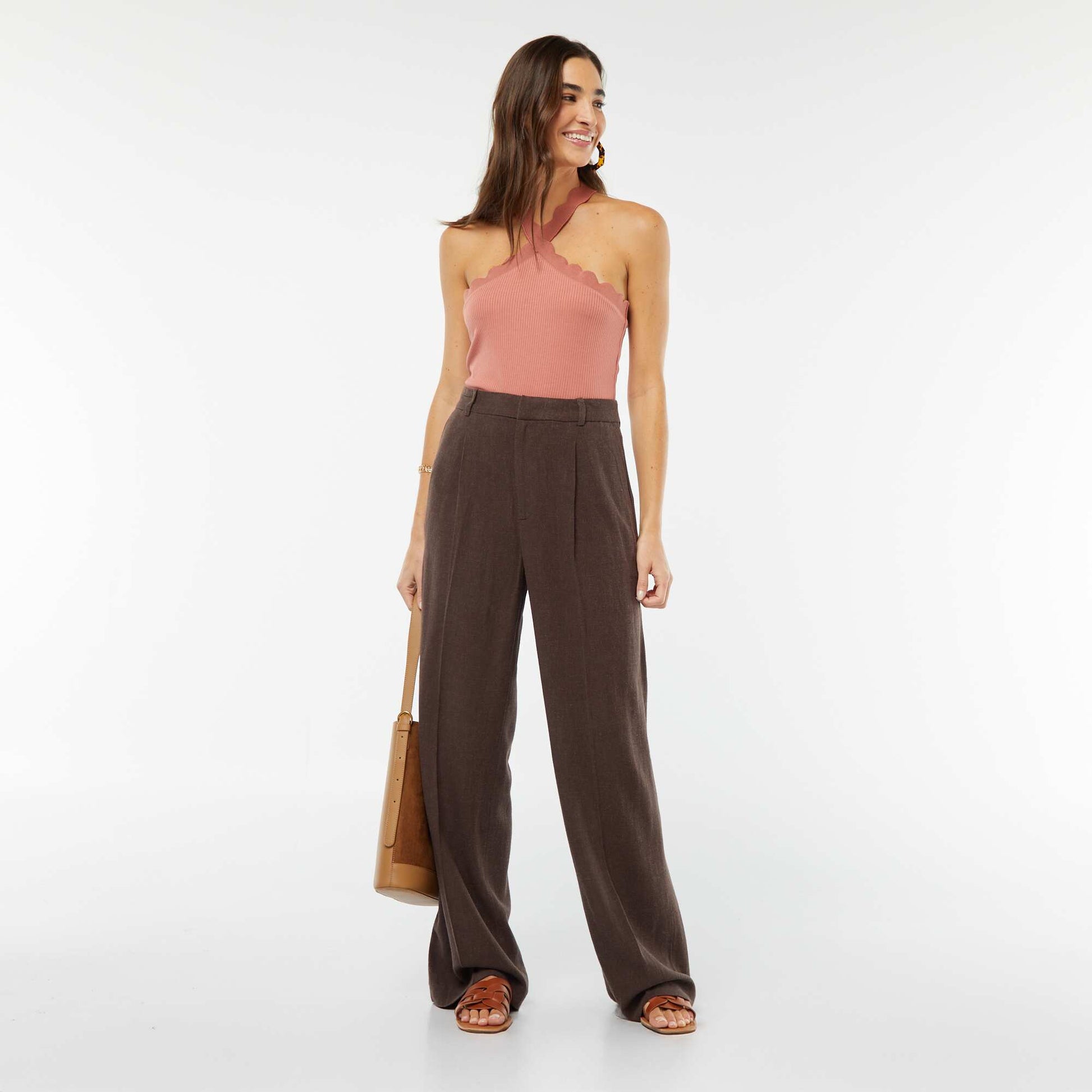 Striped wide-leg linen-blend trousers BROWN