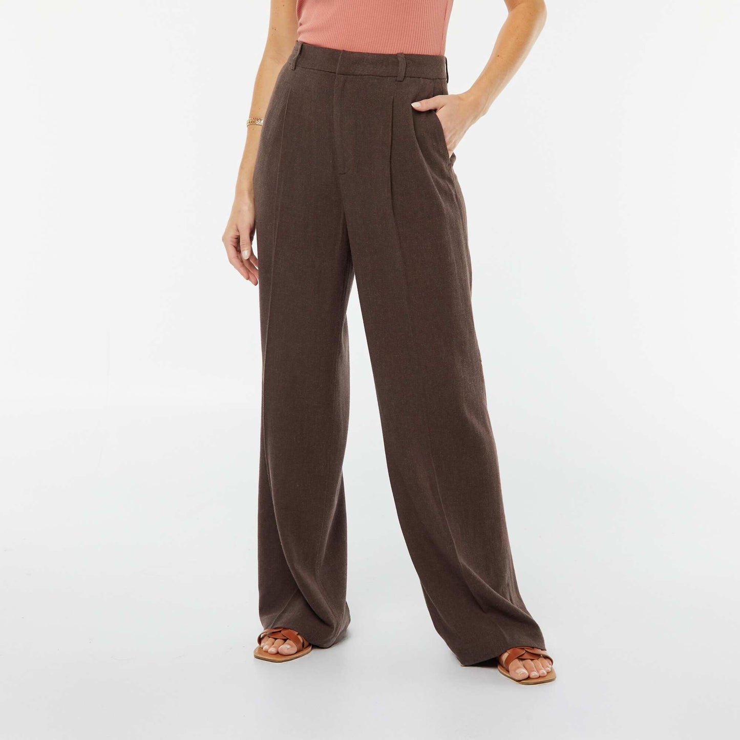 Striped wide-leg linen-blend trousers BROWN