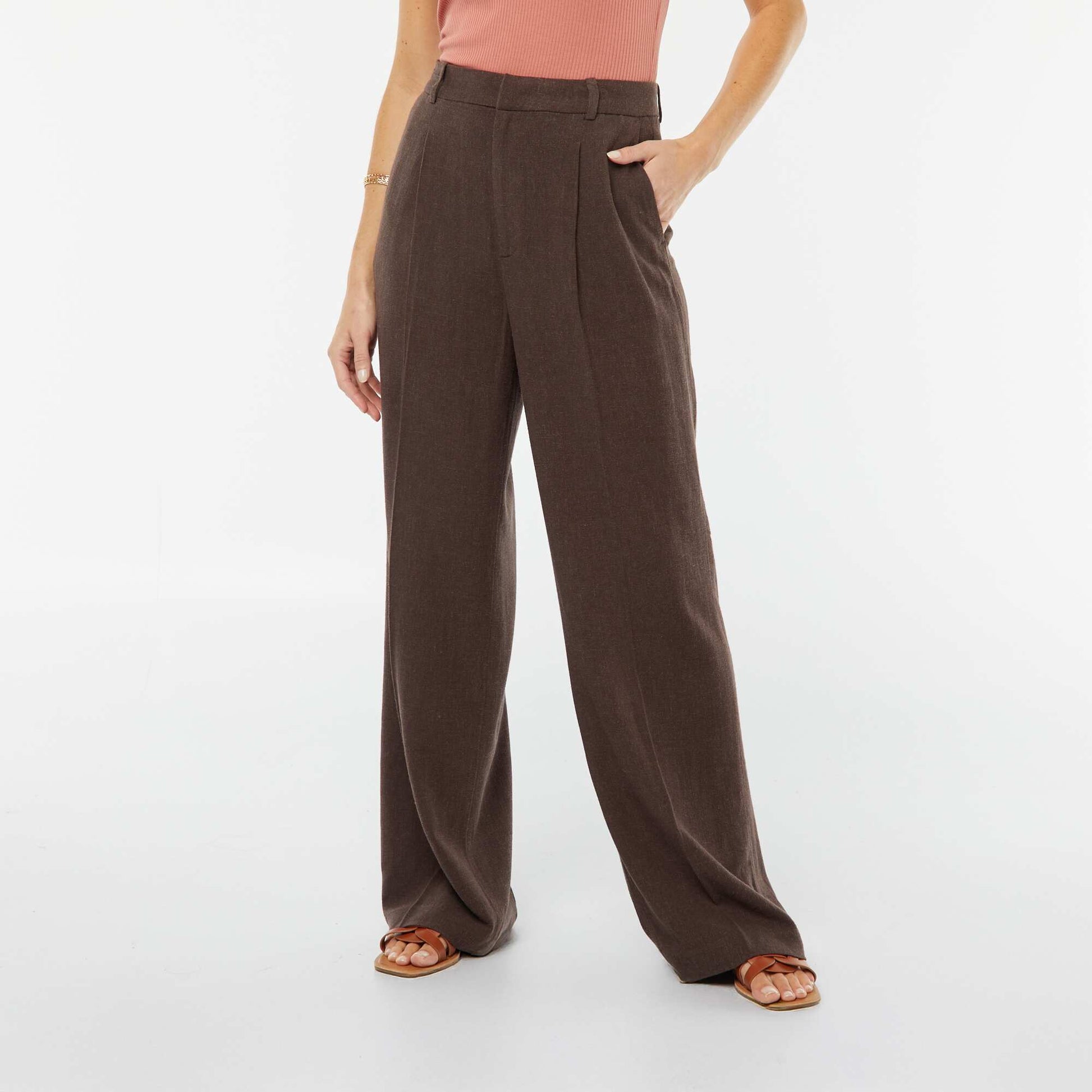 Striped wide-leg linen-blend trousers BROWN