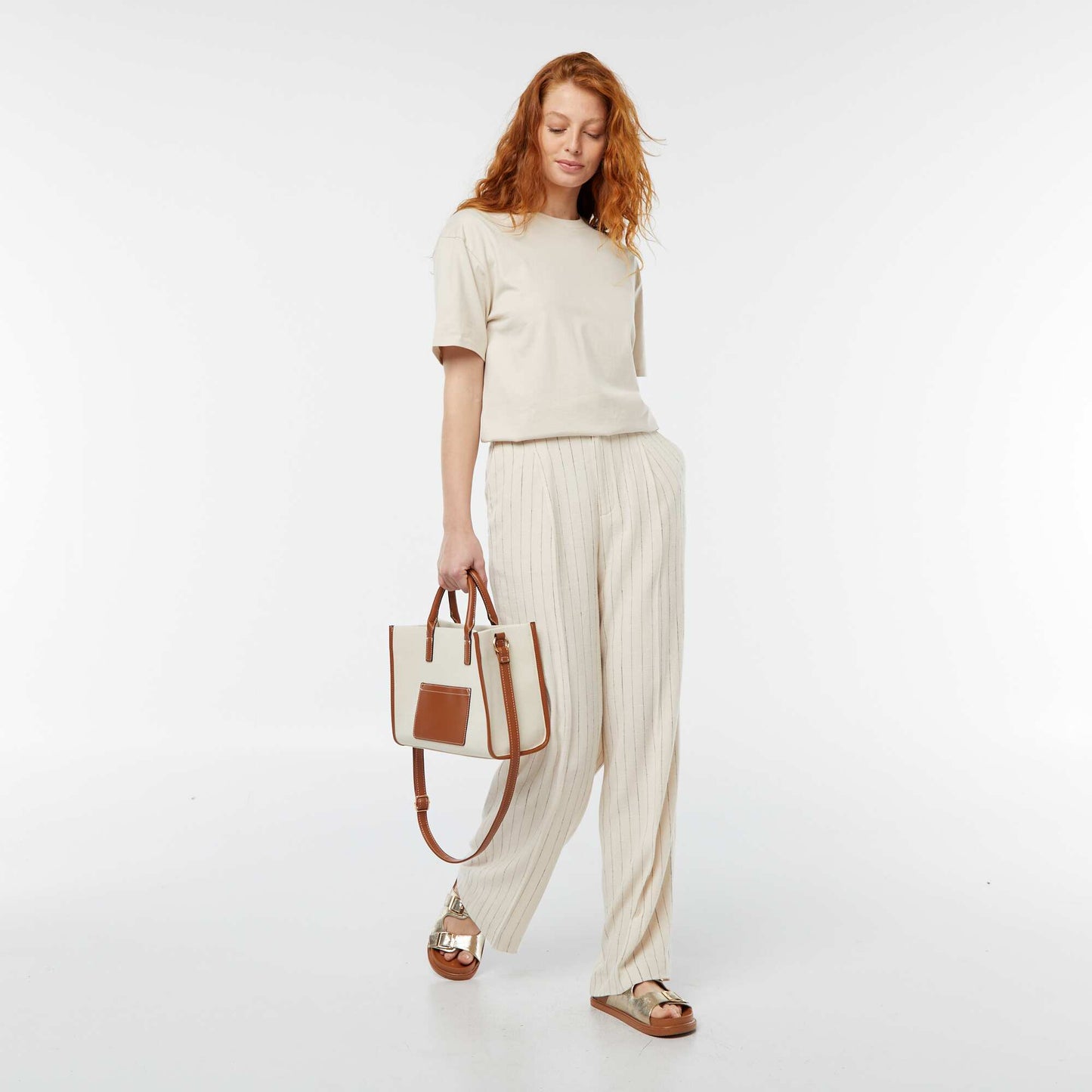 Striped wide-leg linen-blend trousers BEIGE
