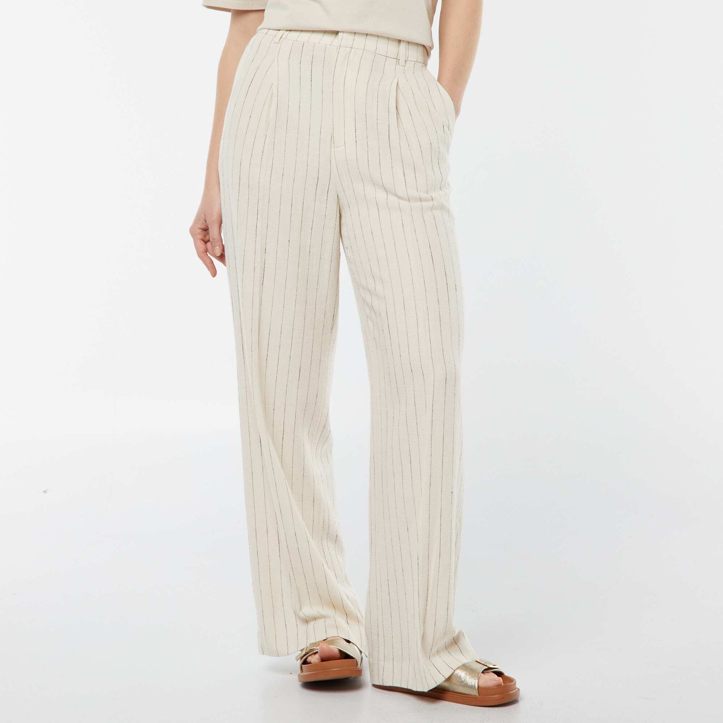 Striped wide-leg linen-blend trousers BEIGE