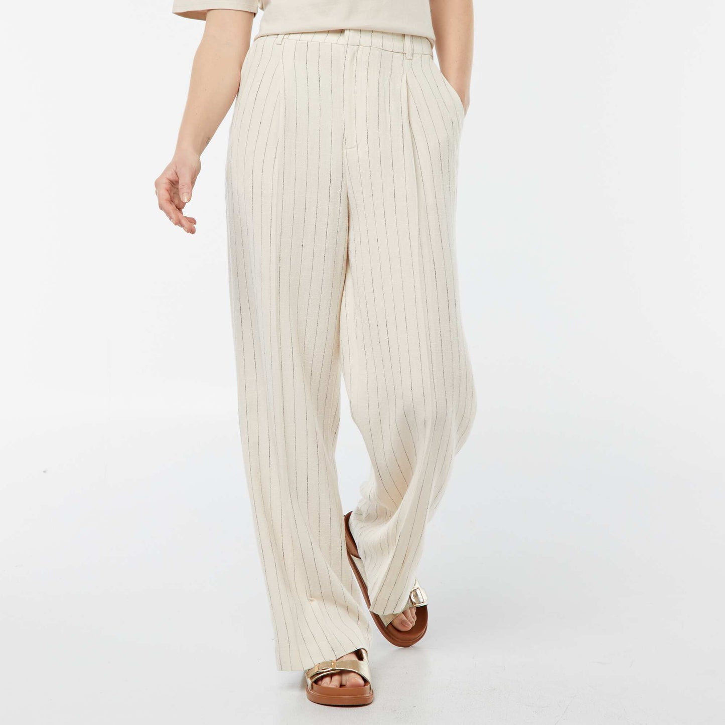 Striped wide-leg linen-blend trousers BEIGE