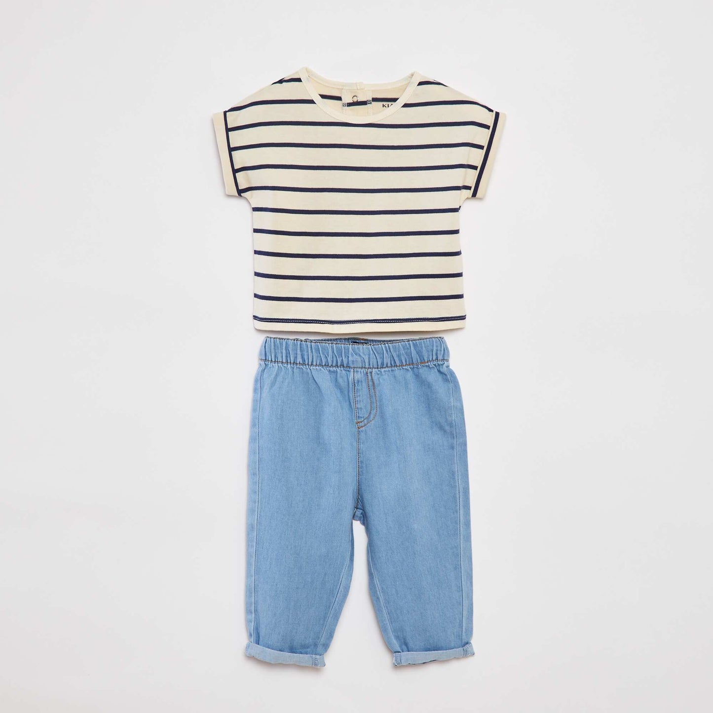 Striped T-shirt and denim trousers set - 2-piece set WHITE