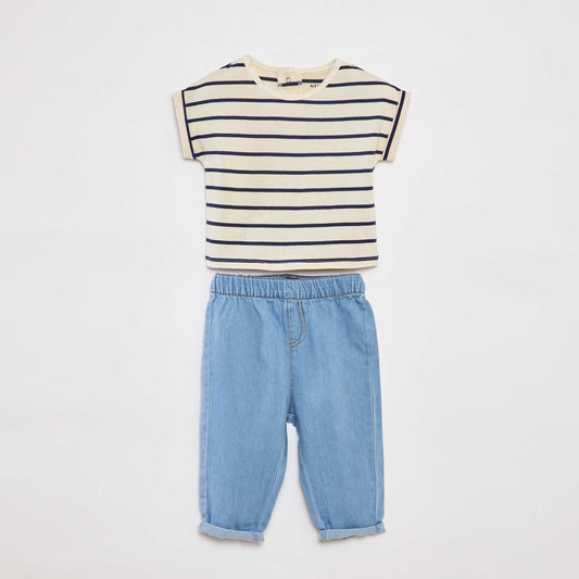 Striped T-shirt and denim trousers set - 2-piece set WHITE