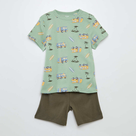 Cropped printed T-shirt + shorts pyjama set - 2-piece set GREEN