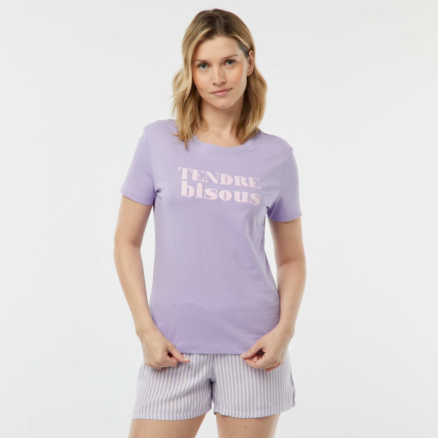 2-piece pyjama set with slogan T-shirt and striped shorts PURPLE